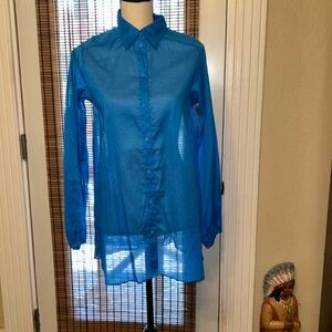 Eres L/S Sheer Button Down Shirt Bathing Suit Cover Indigo Blue Size US10 EUC